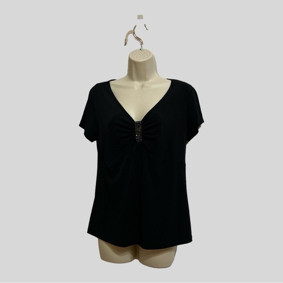 JKLA California Black Knit Top with Rhinestone Studded gathered V Neck Size L - Picture 1 of 6